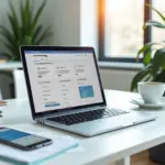 Рабочее место с ноутбуком, демонстрирующим панель email-маркетинга на русском языке, заметками по сбору базы и планированию кампании