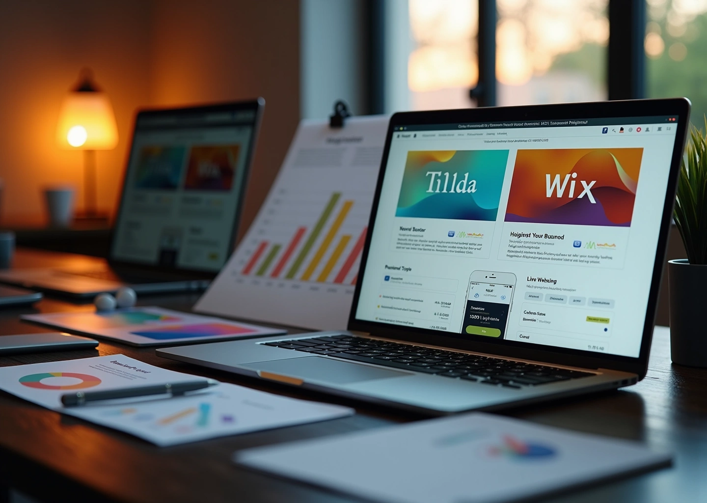 Современное рабочее место с интерфейсами конструкторов сайтов Tilda, Wix и Craftum, показывающими панели управления и превью сайтов