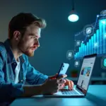 Современный владелец малого бизнеса в России использует ноутбук и смартфон, окружённый иконками социальных сетей и графиками роста, символизирующими digital-маркетинг в 2026 году.