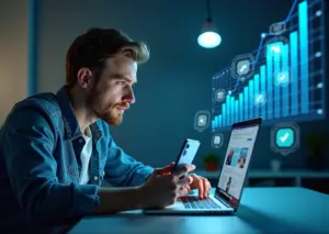 Современный владелец малого бизнеса в России использует ноутбук и смартфон, окружённый иконками социальных сетей и графиками роста, символизирующими digital-маркетинг в 2026 году.