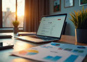 Профессиональное рабочее место с ноутбуком, показывающим результаты поиска Яндекса, окружённое заметками и диаграммами по цифровому маркетингу и стратегиям SEO