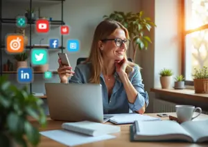 Владелец малого бизнеса за рабочим столом с планировщиком контента для соцсетей и цифровыми инструментами