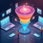 Иллюстрация современной воронки продаж в интернете с этапами привлечения и конверсии клиентов
