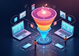 Иллюстрация современной воронки продаж в интернете с этапами привлечения и конверсии клиентов