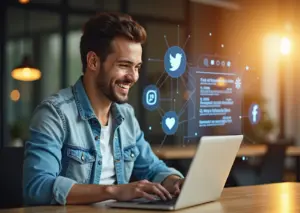 Предприниматель малого бизнеса читает положительные отзывы клиентов на ноутбуке в цифровой среде