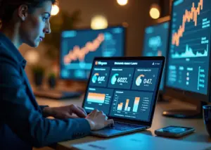 Диджитал-специалист работает за ноутбуком с текстом закона о рекламе на русском языке, на экране графики и значки соцсетей, малого бизнеса и юридических документов.