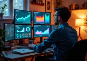 Владелец малого бизнеса анализирует поведение пользователей на сайте с помощью Вебвизора 2.0, за работой на экранах видны графики и тепловые карты, офис создает атмосферу современной цифровой работы