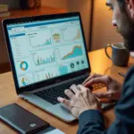 Предприниматель смотрит на экран ноутбука с интерфейсом Яндекс.Метрики, отображены графики и тепловая карта