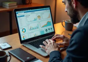 Предприниматель смотрит на экран ноутбука с интерфейсом Яндекс.Метрики, отображены графики и тепловая карта