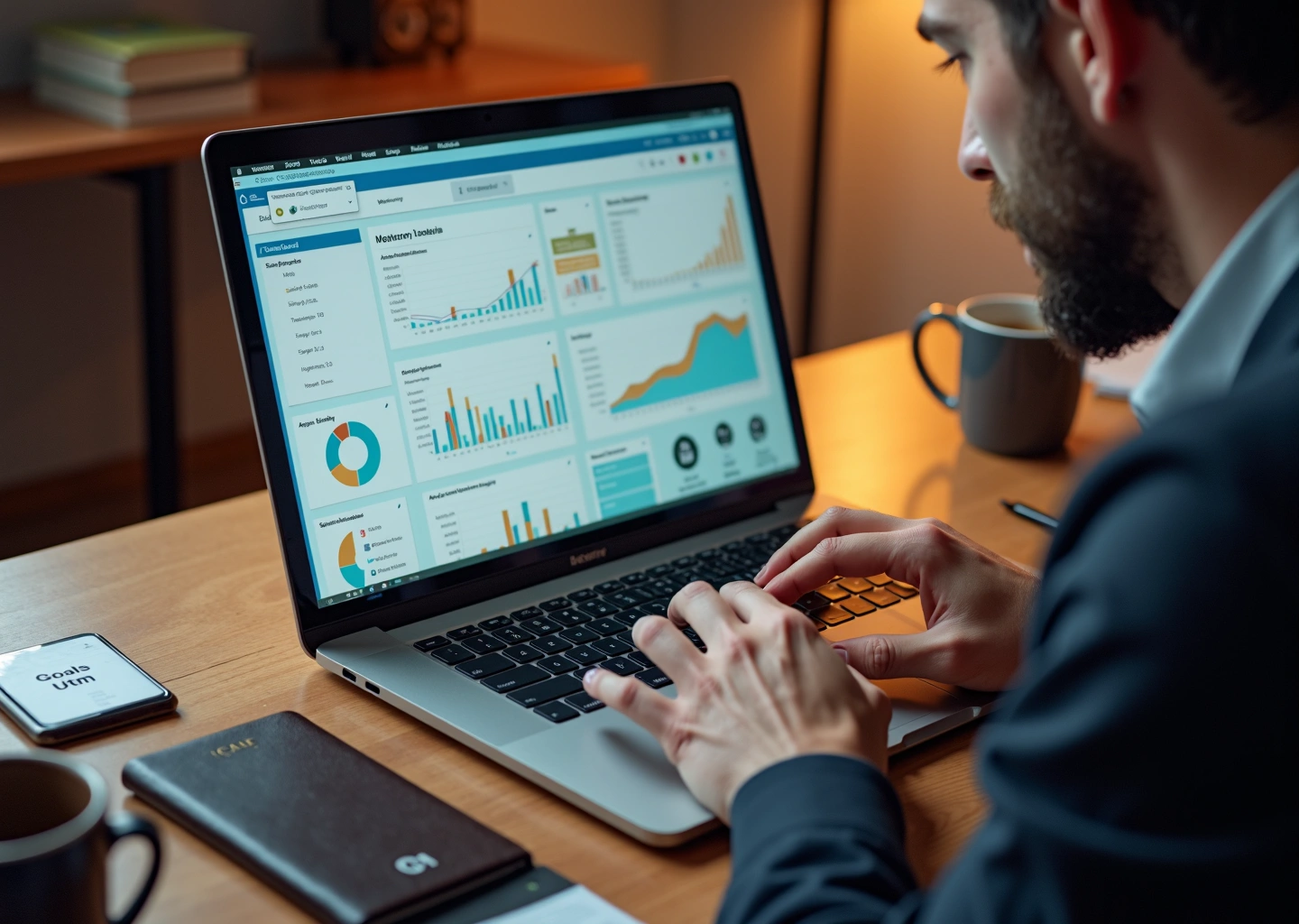 Предприниматель смотрит на экран ноутбука с интерфейсом Яндекс.Метрики, отображены графики и тепловая карта