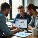 Маленькая команда в светлом офисе за ноутбуком с открытой CRM-панелью на экране, смартфоны с уведомлениями и рабочие заметки на столе