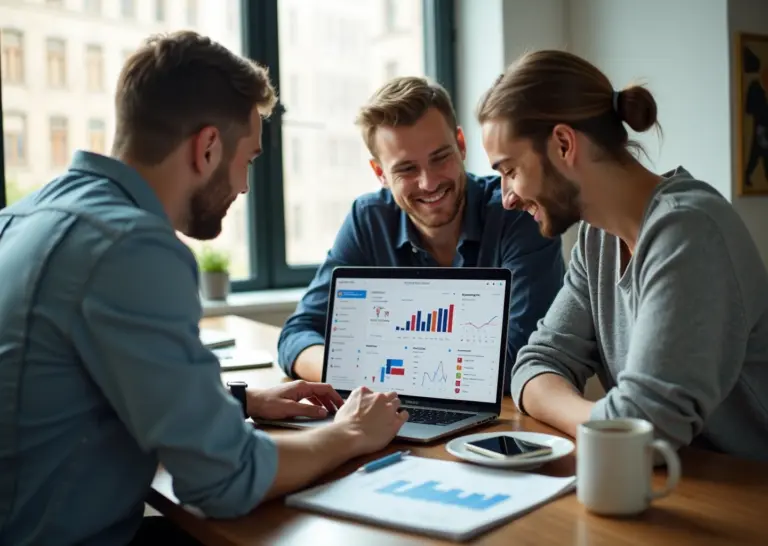 Маленькая команда в светлом офисе за ноутбуком с открытой CRM-панелью на экране, смартфоны с уведомлениями и рабочие заметки на столе