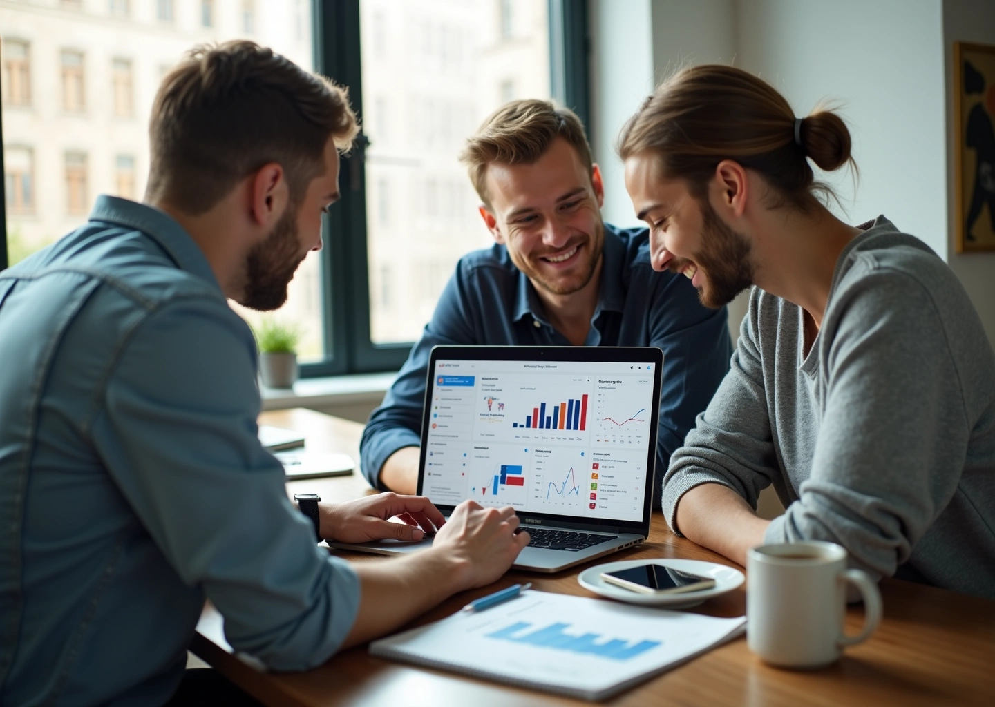 Маленькая команда в светлом офисе за ноутбуком с открытой CRM-панелью на экране, смартфоны с уведомлениями и рабочие заметки на столе