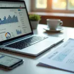 Рабочее место владельца малого бизнеса с ноутбуком, аналитикой и чек-листом внутренней оптимизации сайта