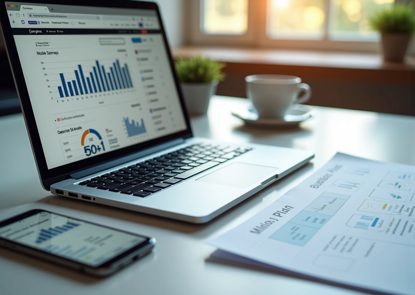 Рабочее место владельца малого бизнеса с ноутбуком, аналитикой и чек-листом внутренней оптимизации сайта