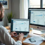 Малый предприниматель за ноутбуком с открытыми SEO‑панелями Yandex.Webmaster и Google Search Console, смартфон с аналитикой и чек‑лист аудита на столе