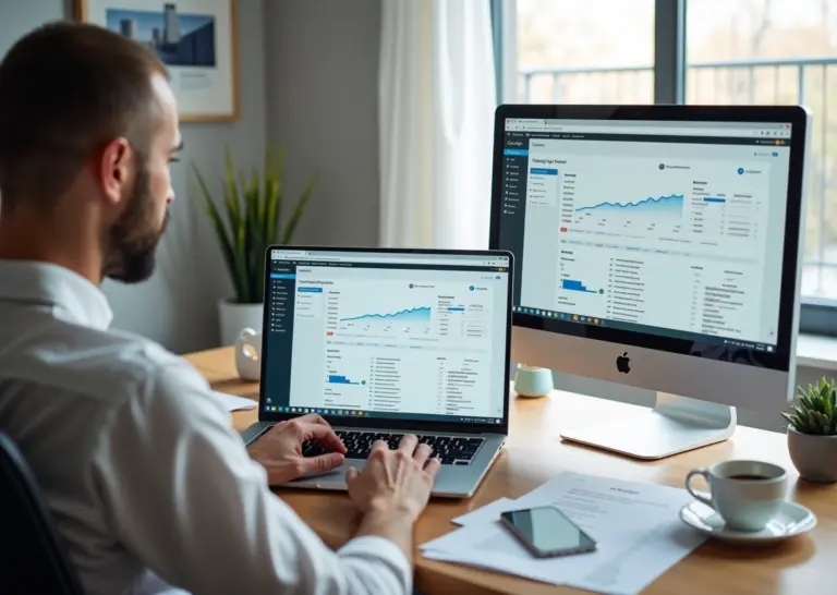 Малый предприниматель за ноутбуком с открытыми SEO‑панелями Yandex.Webmaster и Google Search Console, смартфон с аналитикой и чек‑лист аудита на столе