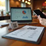 Клиент сканирует QR‑код с меню в кофейне на фоне прилавка и ноутбука с графиками аналитики