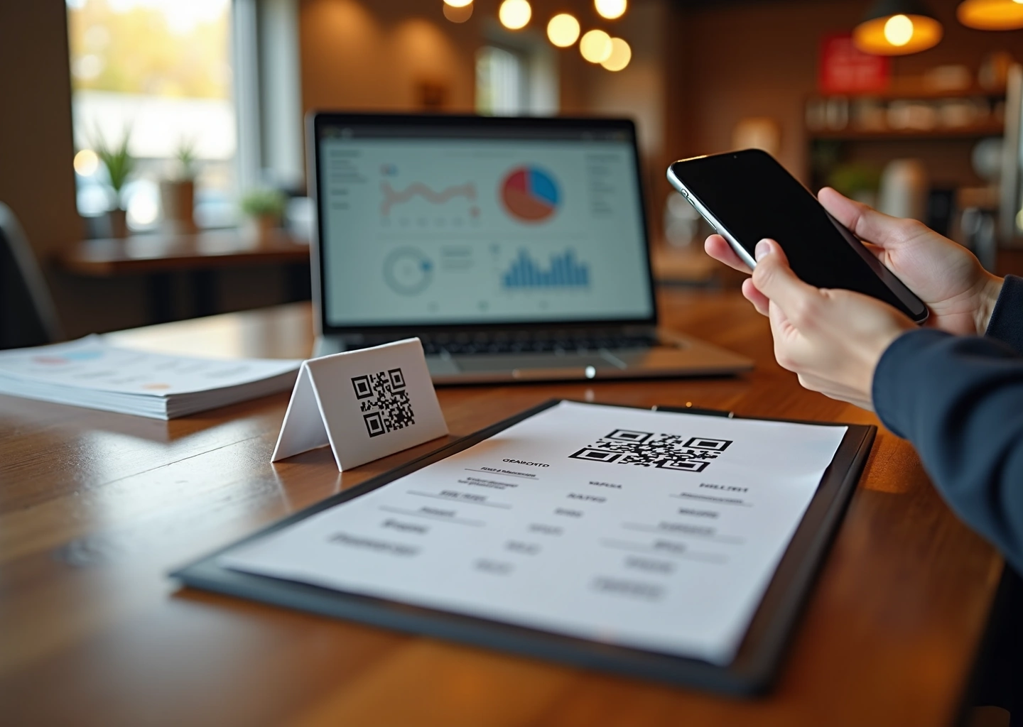 Клиент сканирует QR‑код с меню в кофейне на фоне прилавка и ноутбука с графиками аналитики
