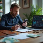 Предприниматель держит смартфон с открытым Telegram‑каналом, рядом ноутбук с графиками и блокнот с планом контента