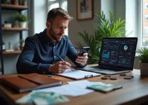 Предприниматель держит смартфон с открытым Telegram‑каналом, рядом ноутбук с графиками и блокнот с планом контента