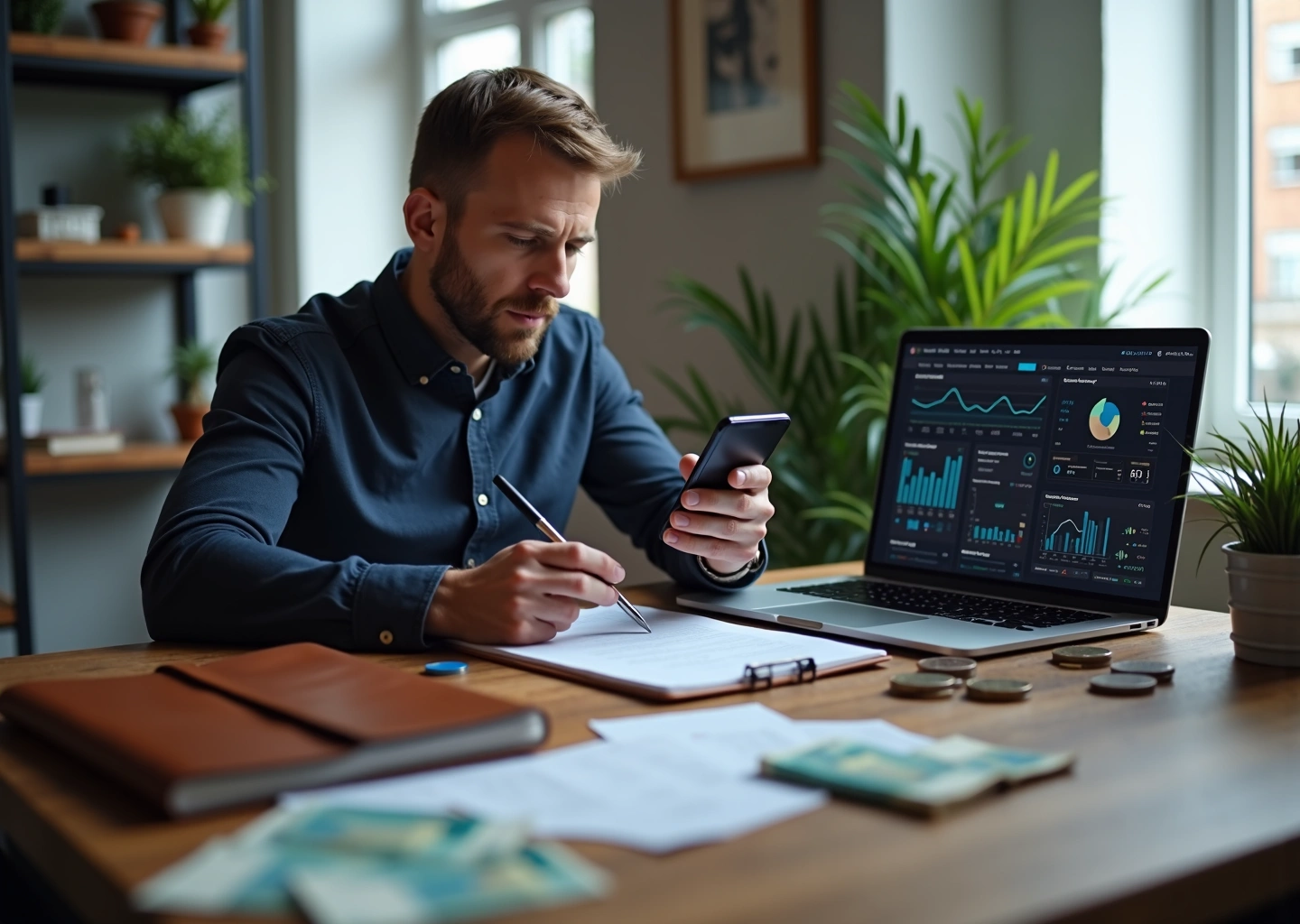 Предприниматель держит смартфон с открытым Telegram‑каналом, рядом ноутбук с графиками и блокнот с планом контента