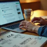 Владелец малого бизнеса за ноутбуком с заметками по продающим текстам и схемами формул