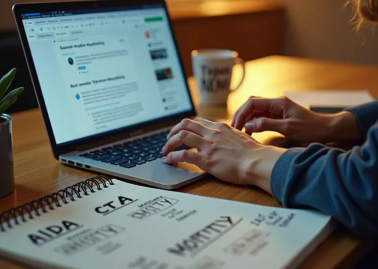 Владелец малого бизнеса за ноутбуком с заметками по продающим текстам и схемами формул