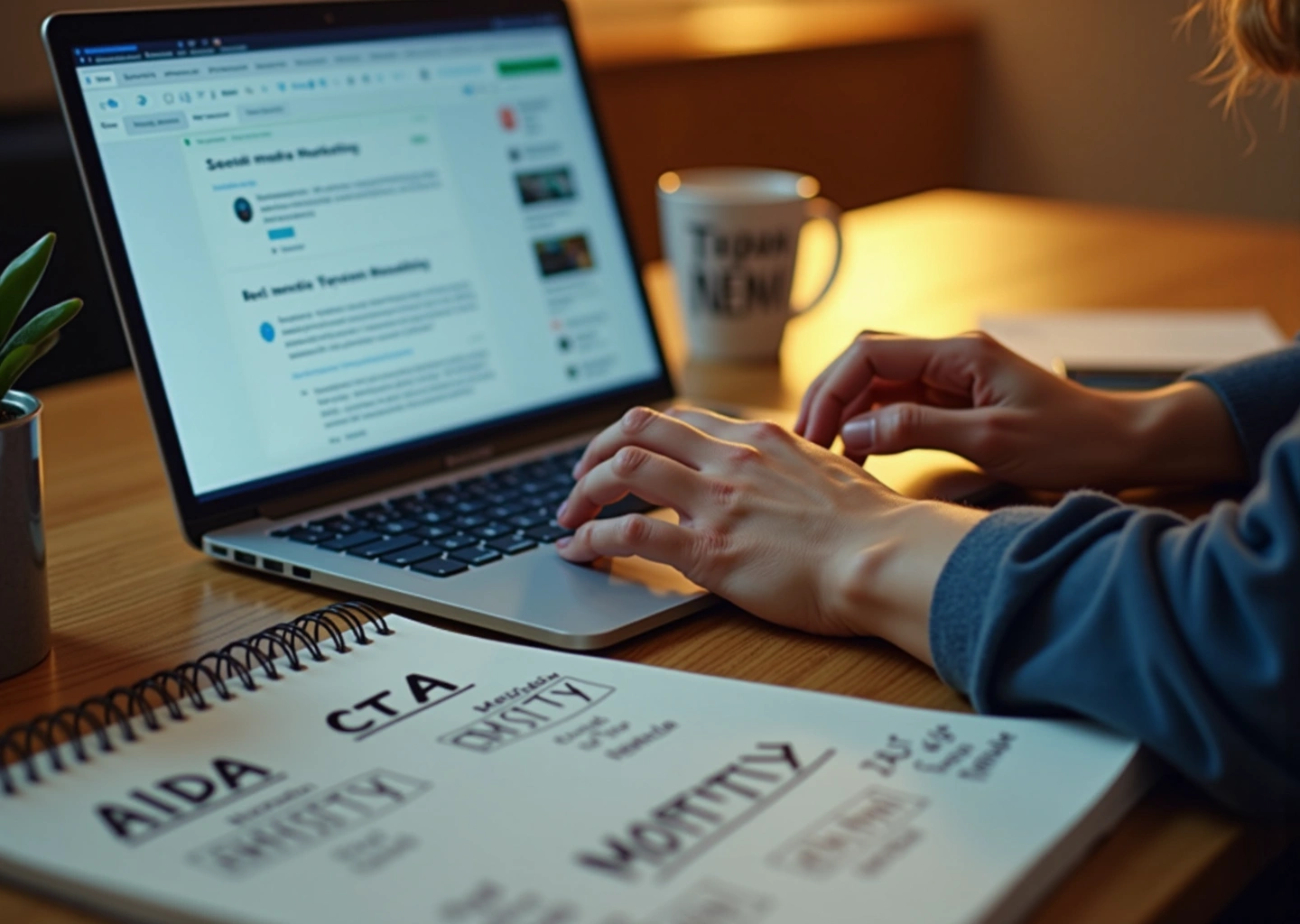 Владелец малого бизнеса за ноутбуком с заметками по продающим текстам и схемами формул