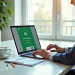 Молодой самозанятый за ноутбуком с открытым приложением «Мой налог», подтверждением оплаты и QR-кодом, на фоне элементов сайта и иконок соцсетей