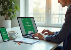 Молодой самозанятый за ноутбуком с открытым приложением «Мой налог», подтверждением оплаты и QR-кодом, на фоне элементов сайта и иконок соцсетей