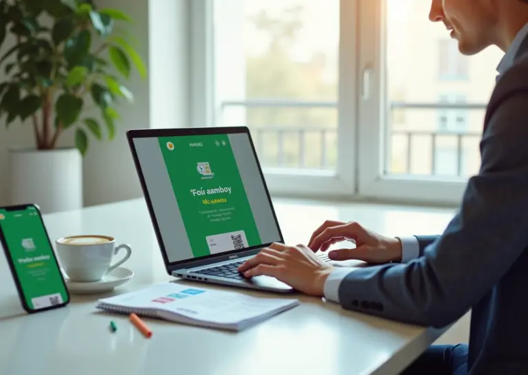 Молодой самозанятый за ноутбуком с открытым приложением «Мой налог», подтверждением оплаты и QR-кодом, на фоне элементов сайта и иконок соцсетей