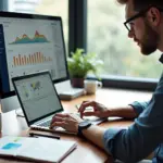 Предприниматель за ноутбуком анализирует графики и тепловые карты на экране, рядом смартфон с соцсетями и заметки с персонами