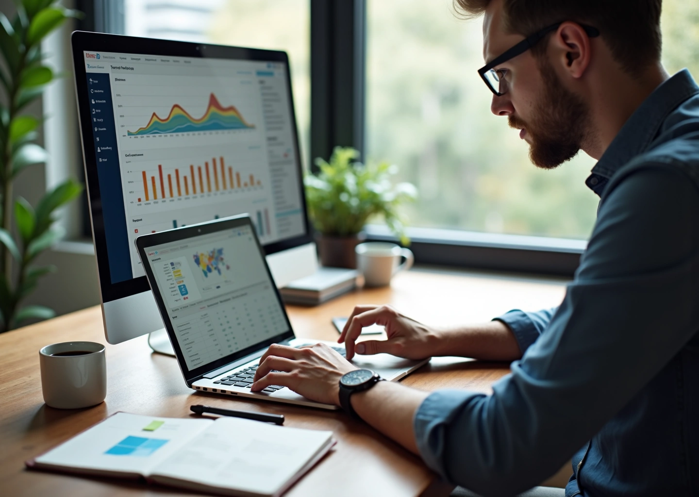 Предприниматель за ноутбуком анализирует графики и тепловые карты на экране, рядом смартфон с соцсетями и заметки с персонами