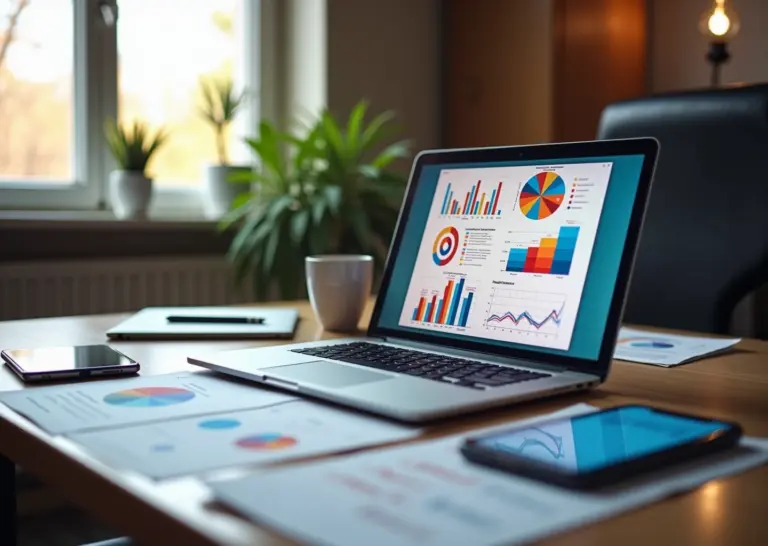 Рабочее место с ноутбуком, на экране которого яркая инфографика, окружено заметками и инструментами цифрового маркетинга для малого бизнеса и самозанятых