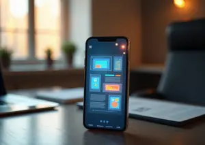 Смартфон с адаптивным дизайном бизнес-сайта на экране, иллюстрирующий оптимизацию под мобильные устройства