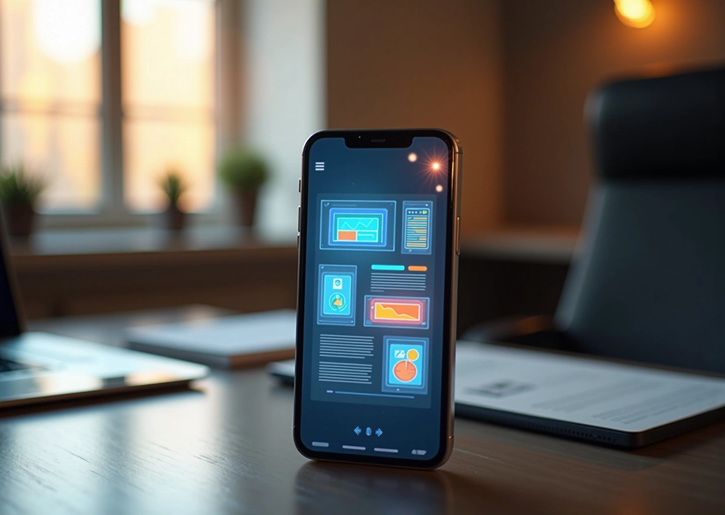Смартфон с адаптивным дизайном бизнес-сайта на экране, иллюстрирующий оптимизацию под мобильные устройства