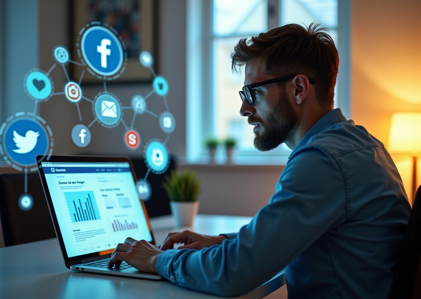 Современный владелец малого бизнеса за ноутбуком с иконками цифрового маркетинга, логотипами соцсетей, прототипом сайта и графиками роста